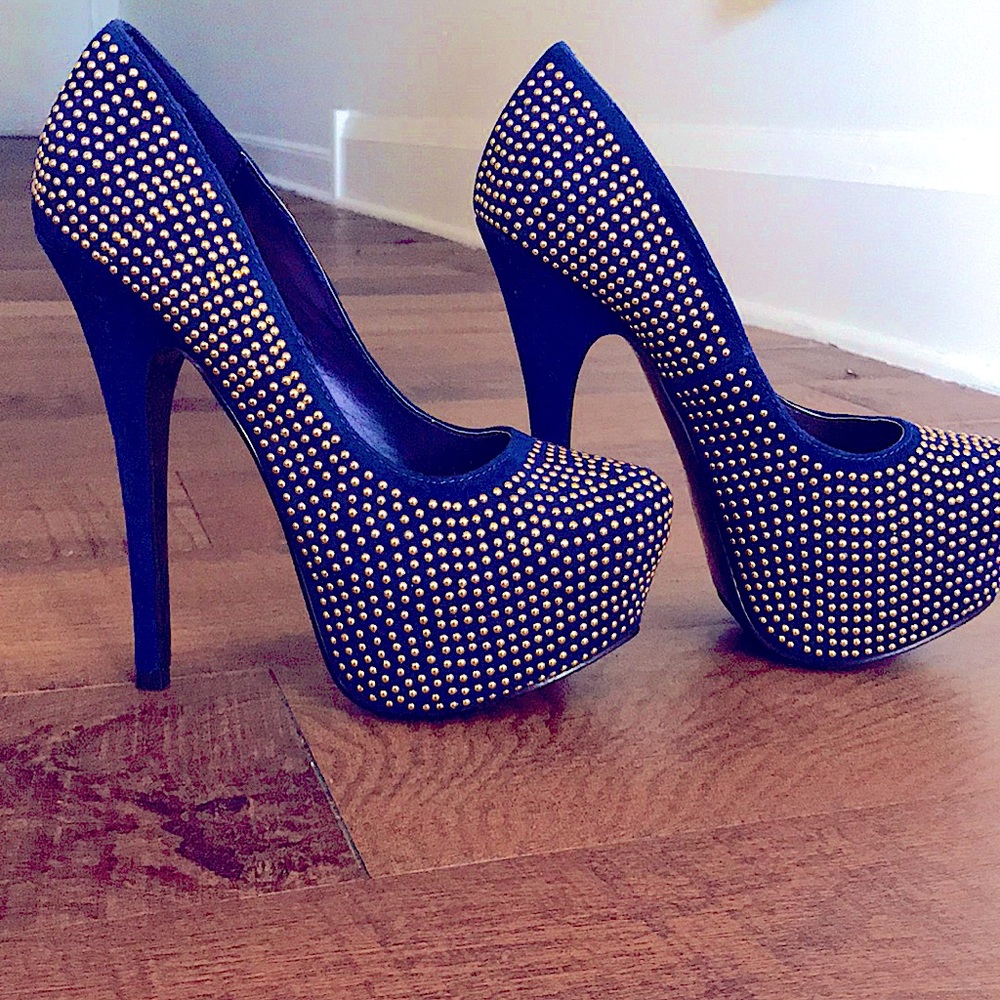 Royal Blue Stiletto Pumps with studded embellish around shoe